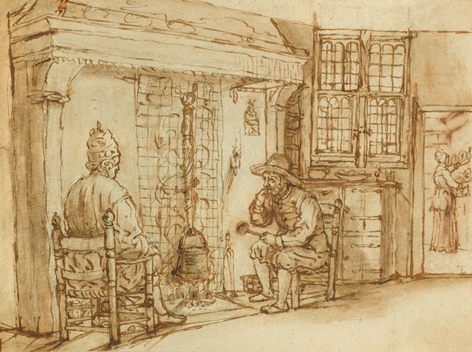 Cornelis de Man - Two Men, One Elaborately Dressed, before a Fireplace, a Woman in a Kitchen Beyond (Recto); A Woman Bending forwards in Work, and a Dancing Putto (Verso) | MasterArt